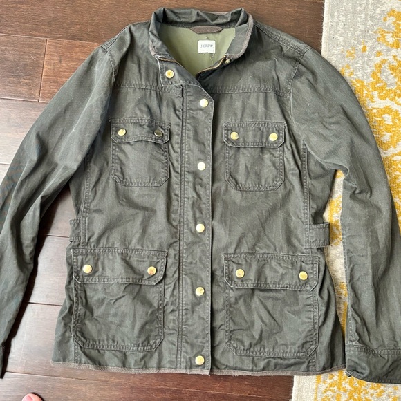 J Crew Utility Jacket in Army Green/Dk Gray color (M) w/brass snap buttons - Picture 2 of 5
